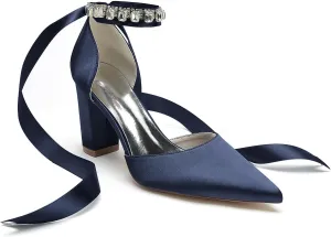 Women's High Chunky Closed Toe Block Heels Satin Crystal Wedding Party Pumps Shoes for Prom Evening Party
