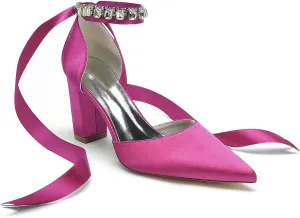Women's High Chunky Closed Toe Block Heels Satin Crystal Wedding Party Pumps Shoes for Prom Evening Party