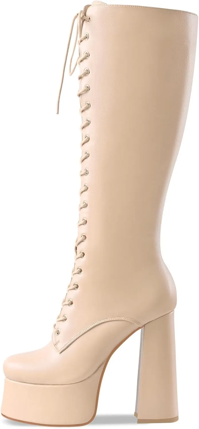 Women's High Chunky Heel Platform Knee High Boots Fashion Leather Lace Up Heeled Long Boots Wide Calf