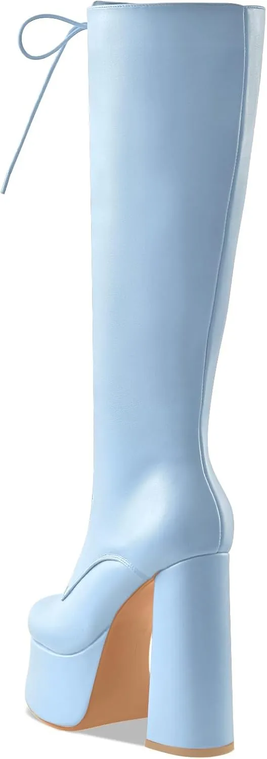 Women's High Chunky Heel Platform Knee High Boots Fashion Leather Lace Up Heeled Long Boots Wide Calf