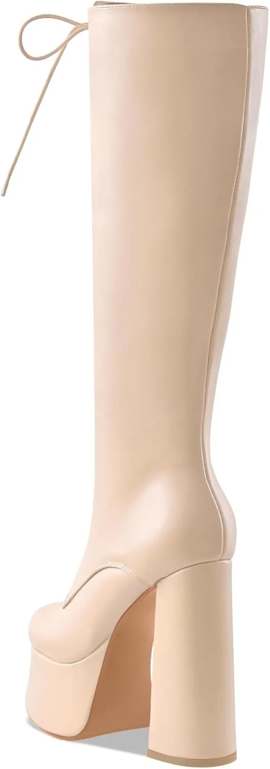 Women's High Chunky Heel Platform Knee High Boots Fashion Leather Lace Up Heeled Long Boots Wide Calf
