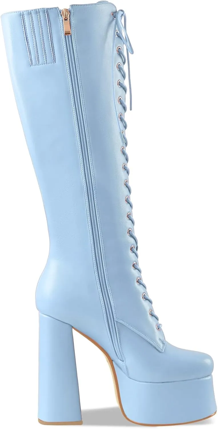 Women's High Chunky Heel Platform Knee High Boots Fashion Leather Lace Up Heeled Long Boots Wide Calf