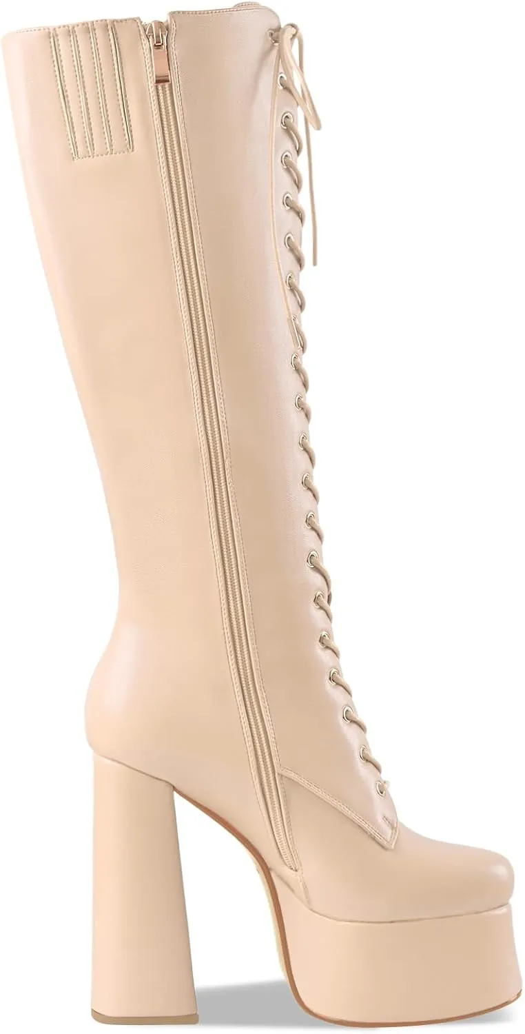 Women's High Chunky Heel Platform Knee High Boots Fashion Leather Lace Up Heeled Long Boots Wide Calf