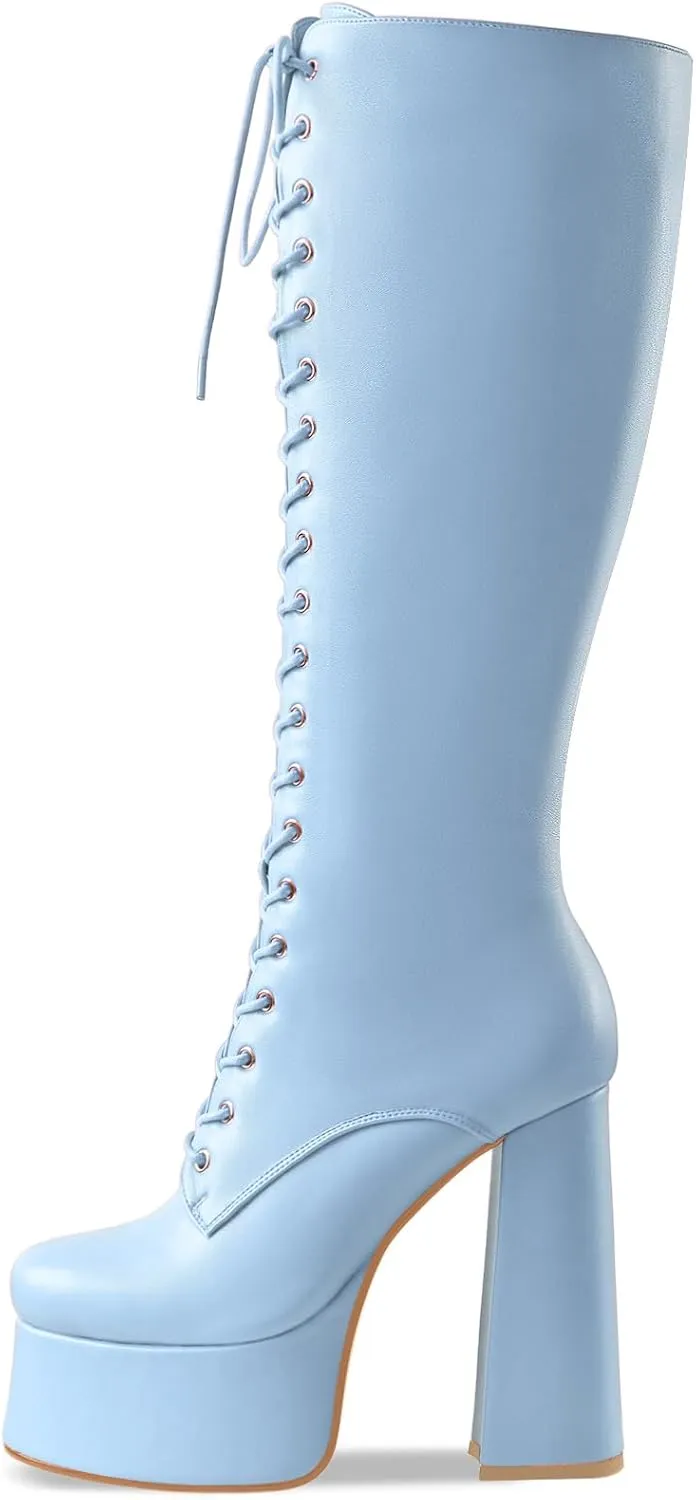 Women's High Chunky Heel Platform Knee High Boots Fashion Leather Lace Up Heeled Long Boots Wide Calf