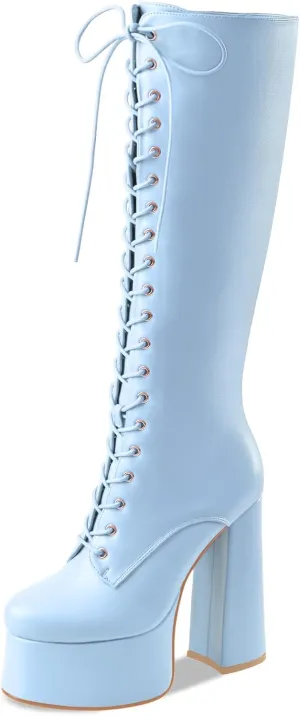 Women's High Chunky Heel Platform Knee High Boots Fashion Leather Lace Up Heeled Long Boots Wide Calf