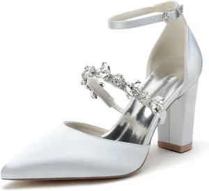 Women's High Chunky Wedding Shoes Block Heels Crystal Pump Sandals Wedding Party Pumps Shoes
