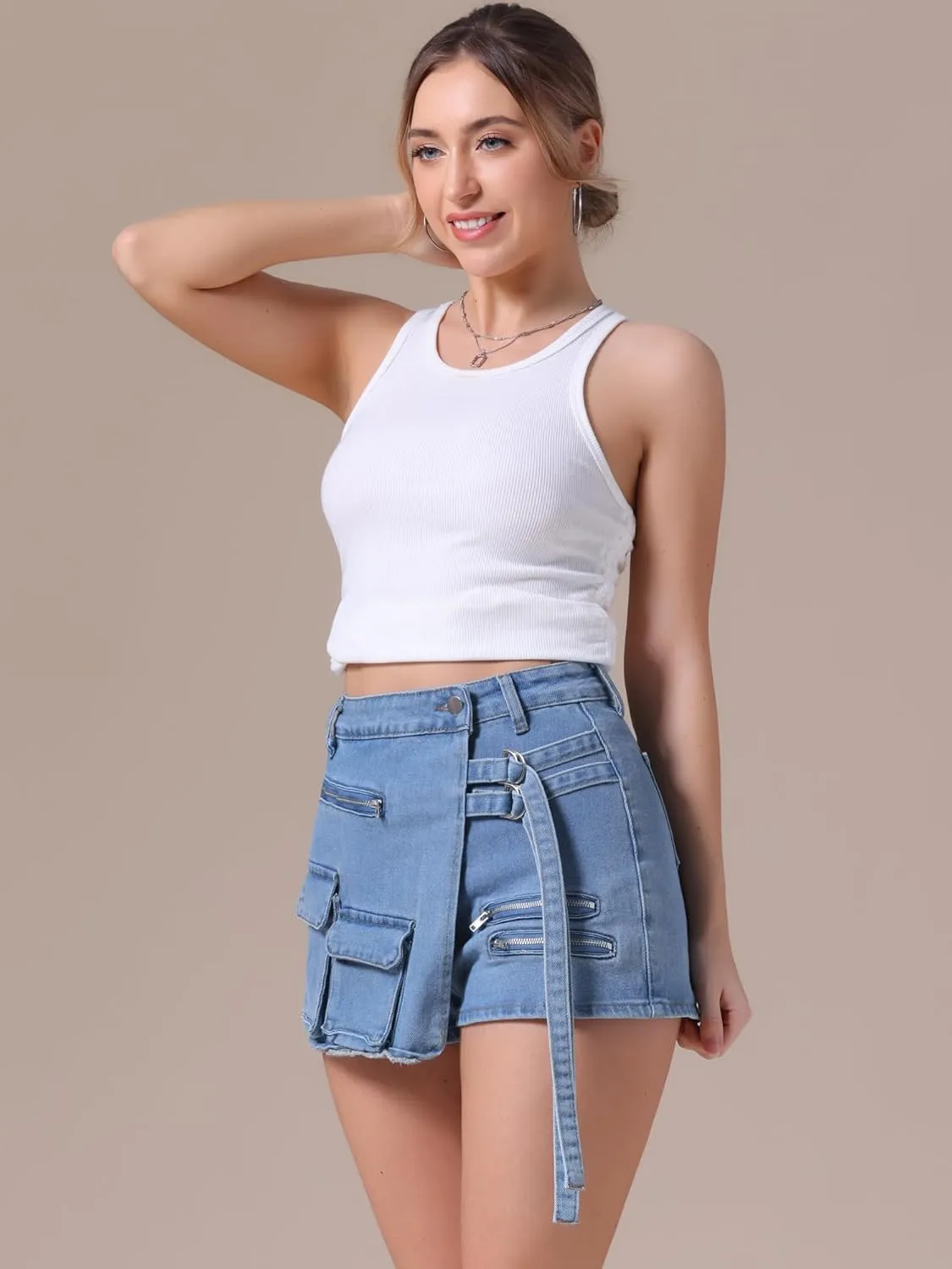 Women's Jean Skort High Waisted Western Summer Asymmetrical Denim Cargo Skirt Shorts