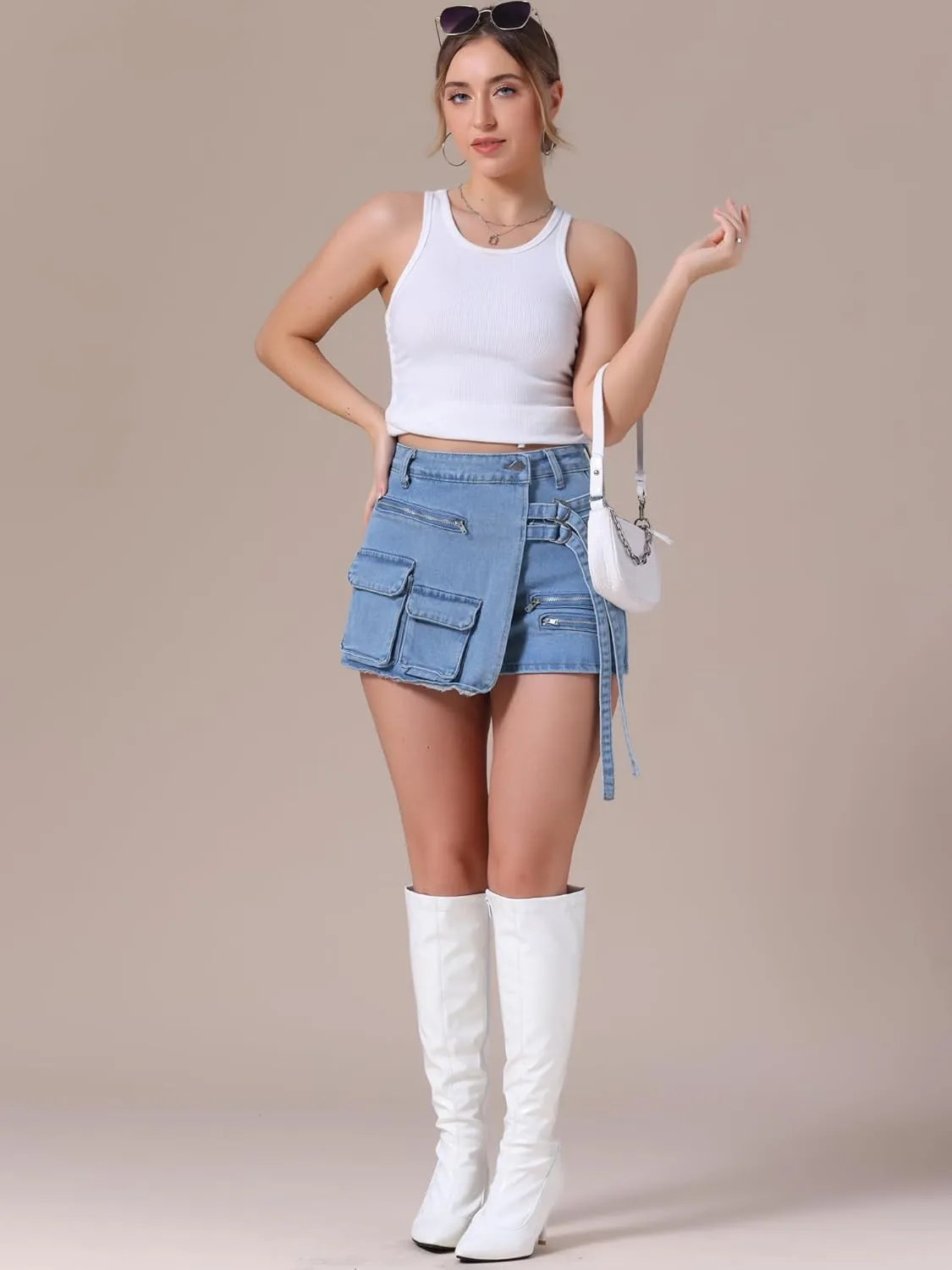 Women's Jean Skort High Waisted Western Summer Asymmetrical Denim Cargo Skirt Shorts