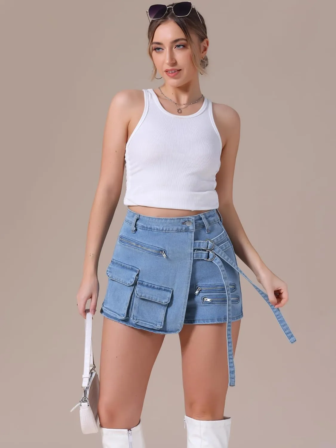 Women's Jean Skort High Waisted Western Summer Asymmetrical Denim Cargo Skirt Shorts