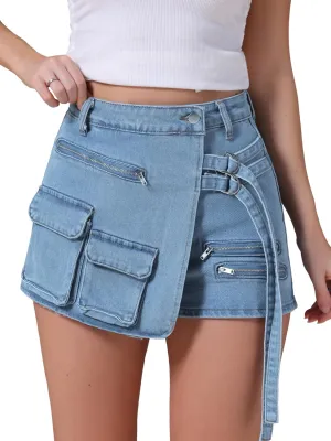 Women's Jean Skort High Waisted Western Summer Asymmetrical Denim Cargo Skirt Shorts