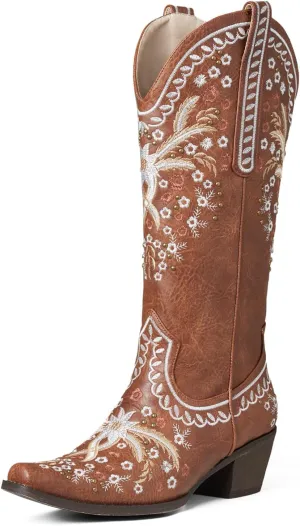 Women's Knee High Boots Mid Calf Cowboy Boots Sparkly Cowgirl Boots Pointed Toe Country Boots with Classic Embroidery