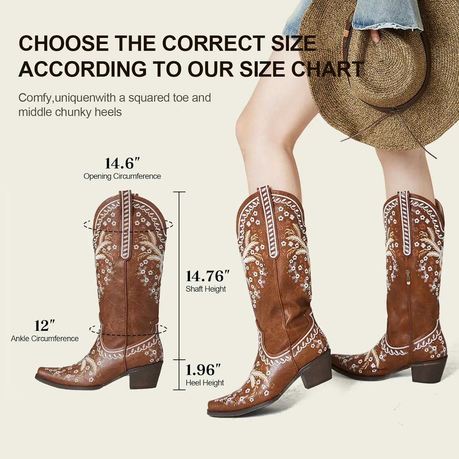 Women's Knee High Boots Mid Calf Cowboy Boots Sparkly Cowgirl Boots Pointed Toe Country Boots with Classic Embroidery