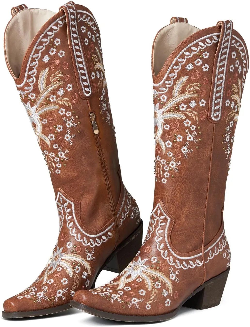 Women's Knee High Boots Mid Calf Cowboy Boots Sparkly Cowgirl Boots Pointed Toe Country Boots with Classic Embroidery