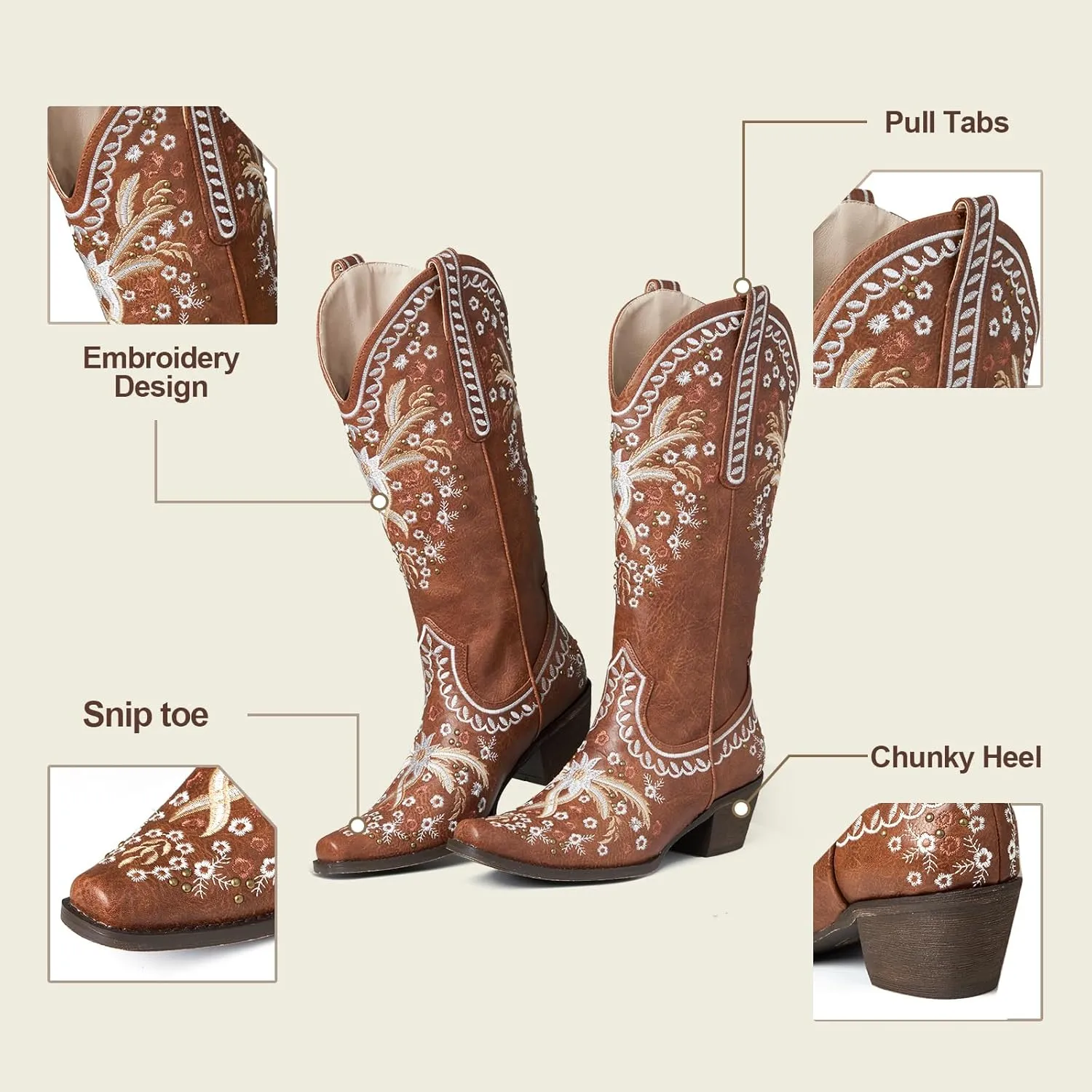 Women's Knee High Boots Mid Calf Cowboy Boots Sparkly Cowgirl Boots Pointed Toe Country Boots with Classic Embroidery