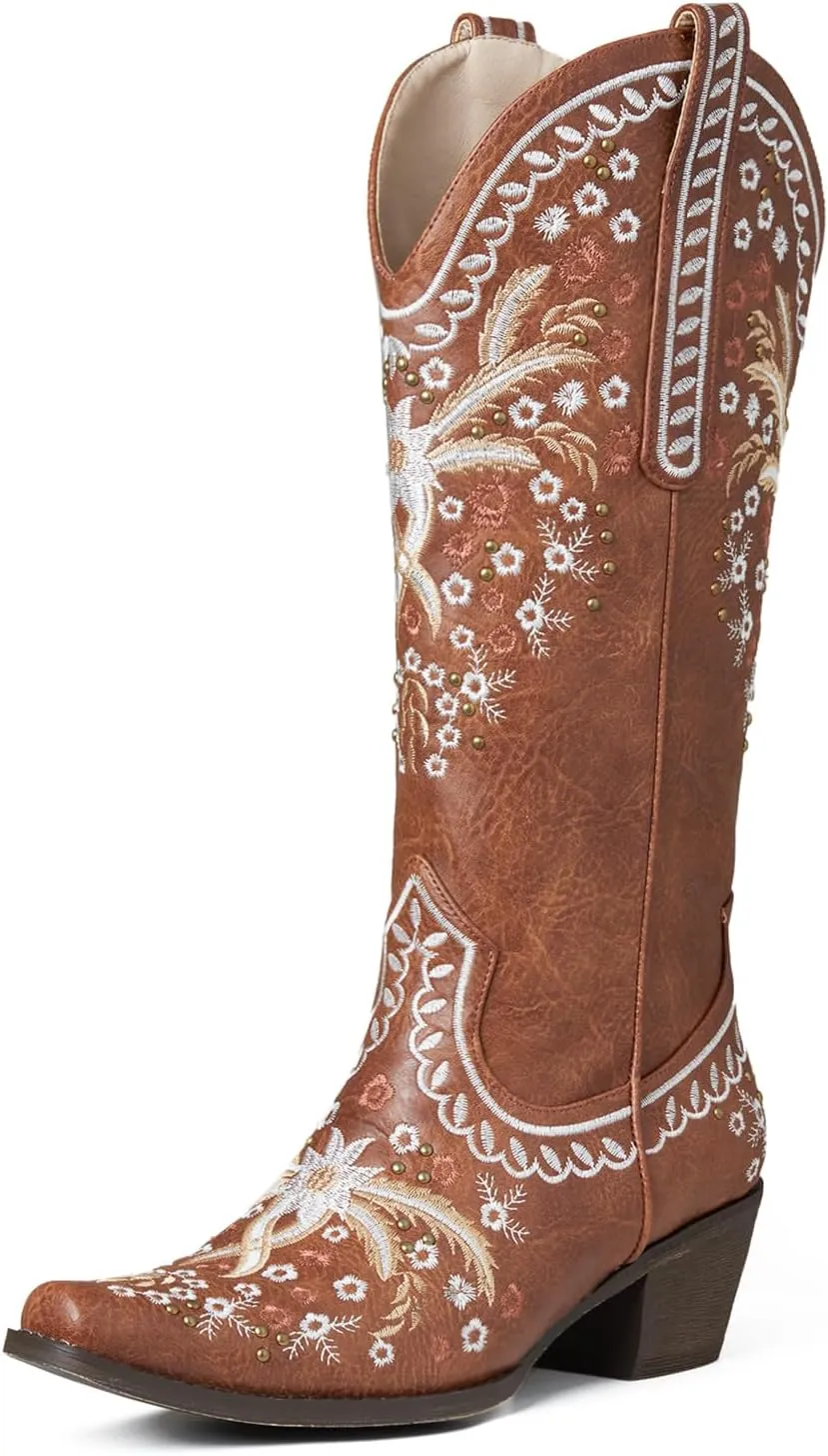 Women's Knee High Boots Mid Calf Cowboy Boots Sparkly Cowgirl Boots Pointed Toe Country Boots with Classic Embroidery