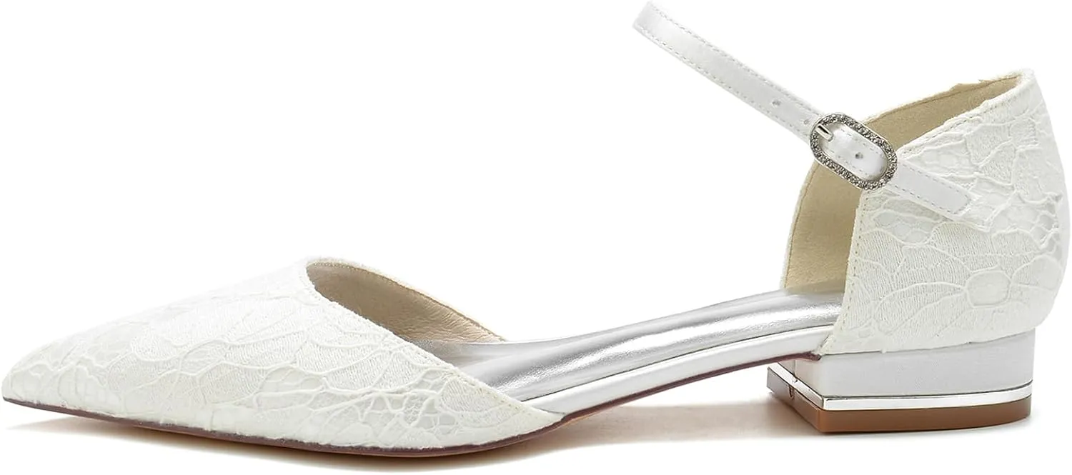 Women's Lace Ankle Strap Wedding Dress Shoes for Bride Pointed Toe Bridal Flats Comfortable Formal Prom Party Sandals