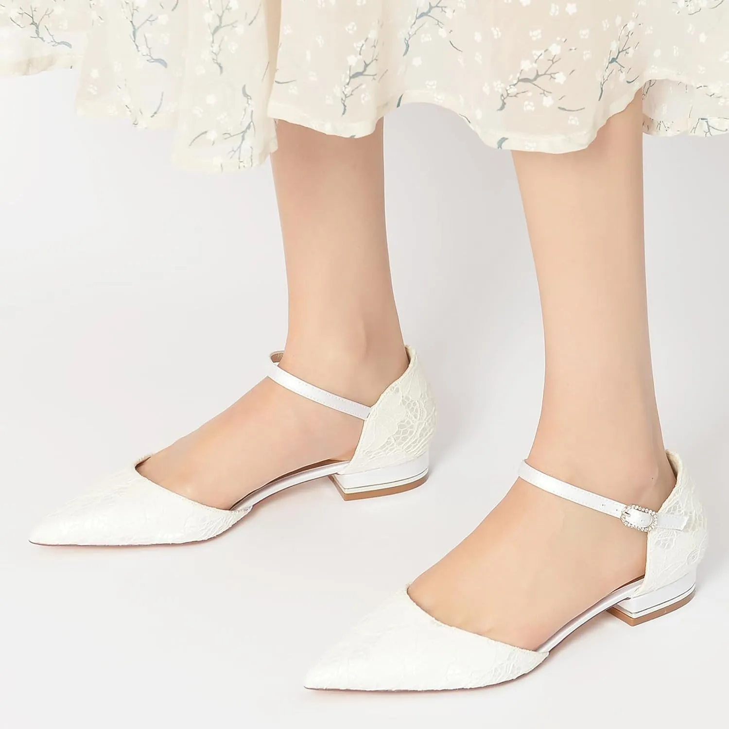 Women's Lace Ankle Strap Wedding Dress Shoes for Bride Pointed Toe Bridal Flats Comfortable Formal Prom Party Sandals