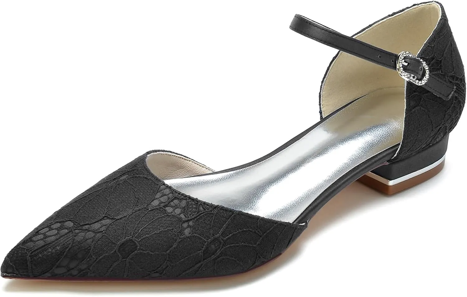 Women's Lace Ankle Strap Wedding Dress Shoes for Bride Pointed Toe Bridal Flats Comfortable Formal Prom Party Sandals