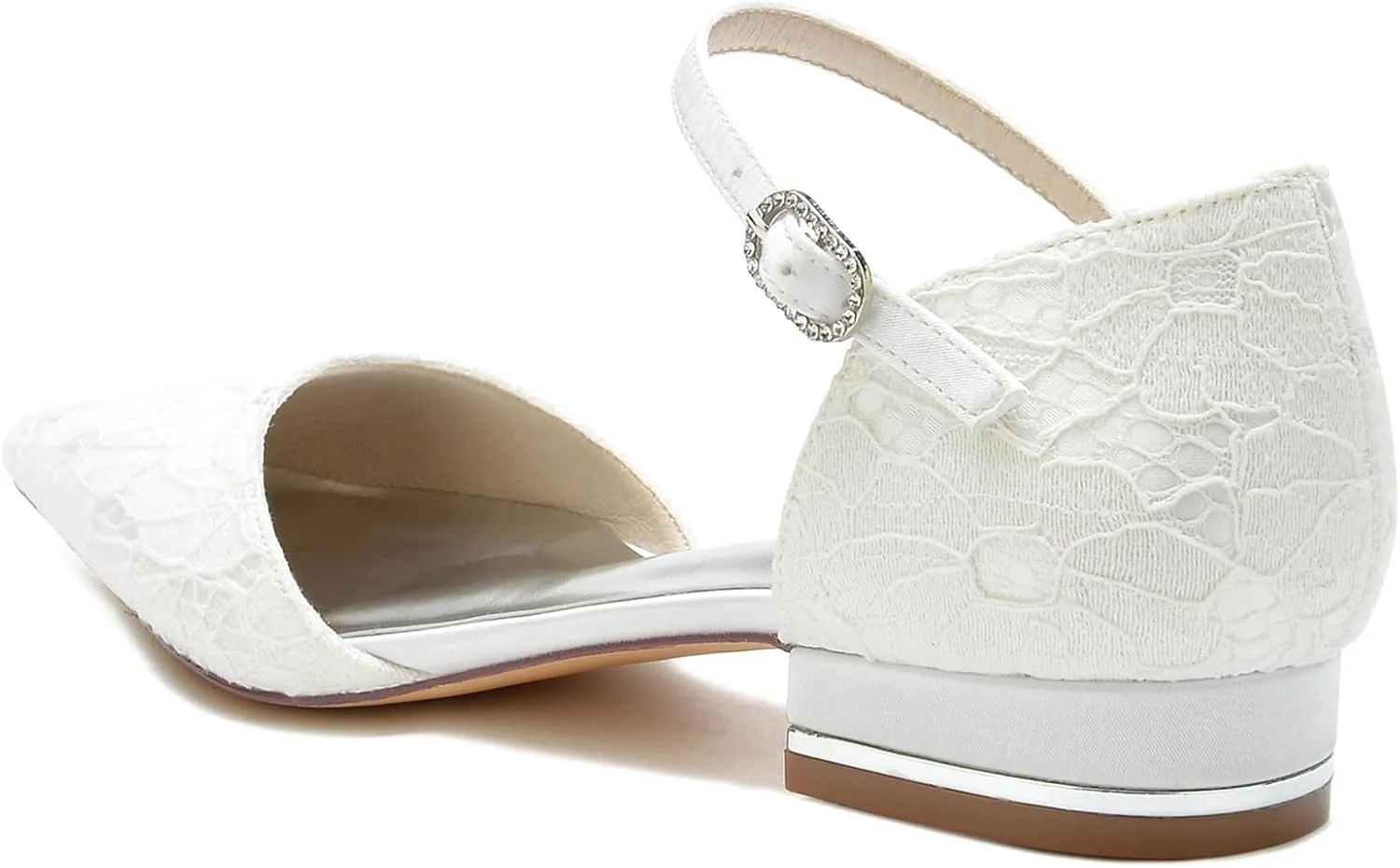 Women's Lace Ankle Strap Wedding Dress Shoes for Bride Pointed Toe Bridal Flats Comfortable Formal Prom Party Sandals