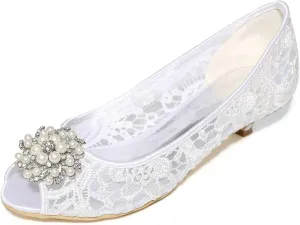 Women's Lace Open Toe Satin Low Heels Slip On Rhinestones Sandals for Women Party Dress Pumps Shoes