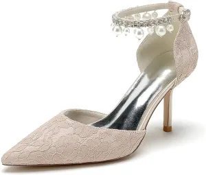 Womens Lace Wedding Shoes with Pearls Ankle Strap Pointed Toe Dress Pumps Prom Formal Party Shoes