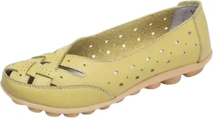 Womens Leather Loafers Hollow Out Breathable Soft Flats Slip on Casual Sandals Lightweight Round Toe Fashion Summer Sandals Comfortable Driving Walking Shoes