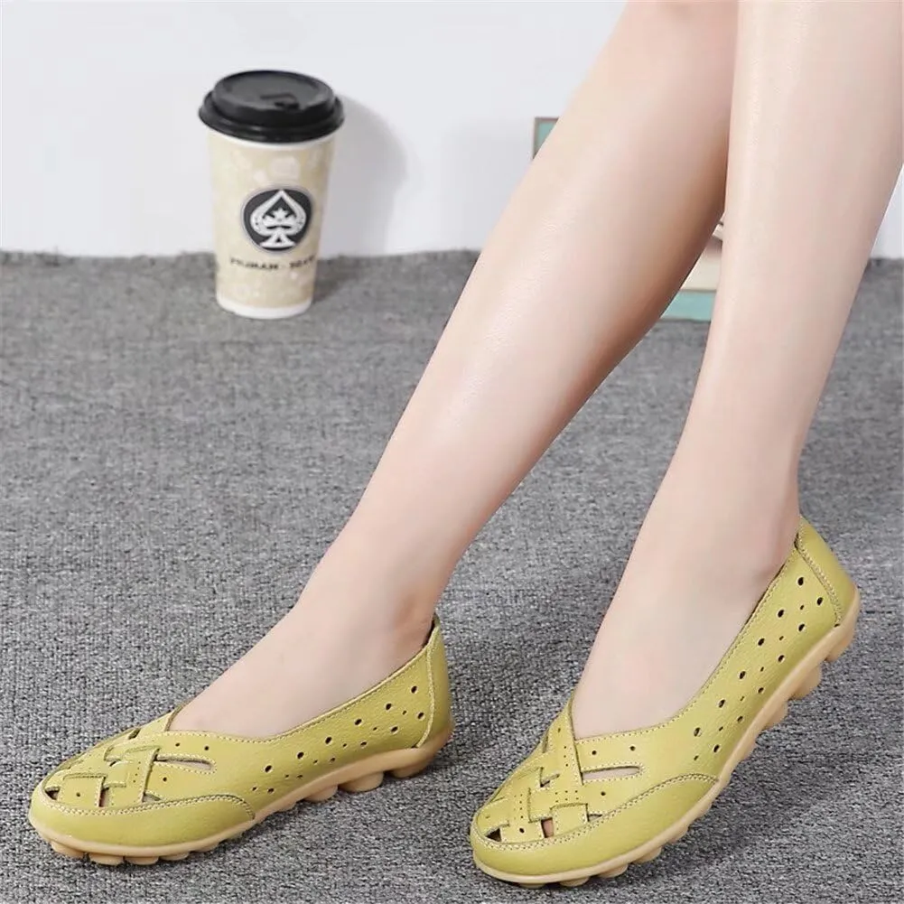 Womens Leather Loafers Hollow Out Breathable Soft Flats Slip on Casual Sandals Lightweight Round Toe Fashion Summer Sandals Comfortable Driving Walking Shoes