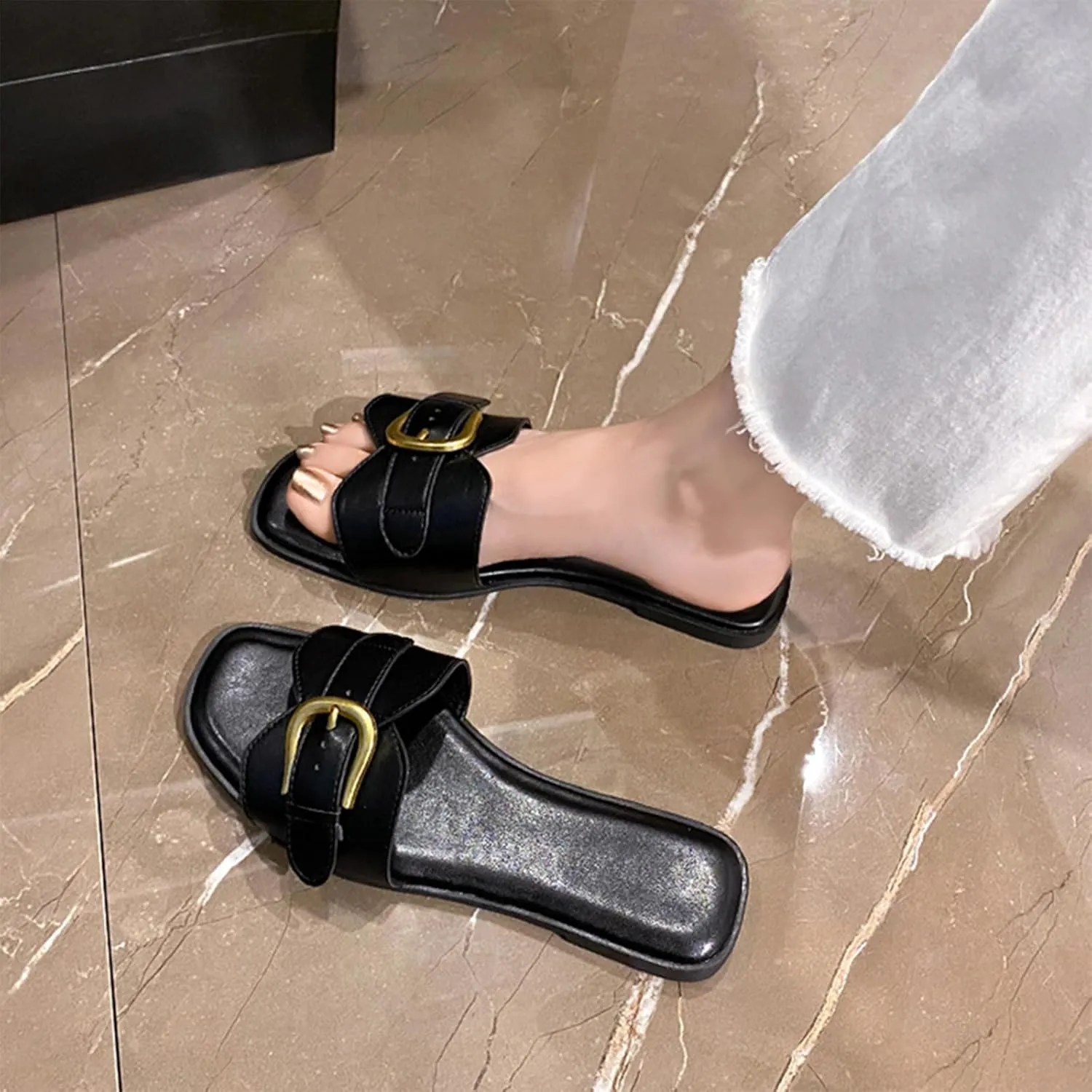 Women's Leather Metal Buckle Strap One Stirrup Flat Sandals Fashion Square Toe with Soft Leather Slippers for Summe Everyday Casual Dressy Sandals