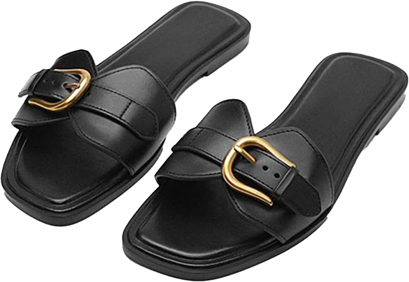Women's Leather Metal Buckle Strap One Stirrup Flat Sandals Fashion Square Toe with Soft Leather Slippers for Summe Everyday Casual Dressy Sandals
