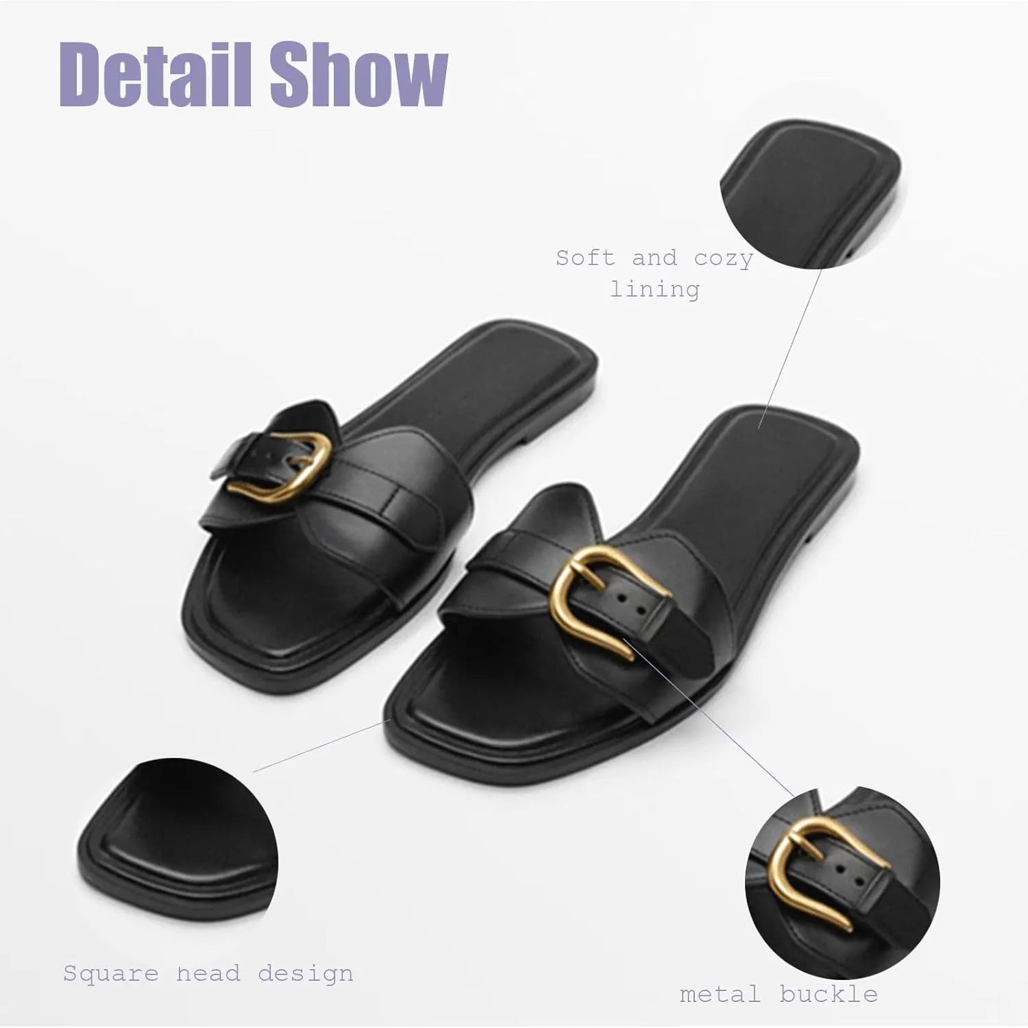 Women's Leather Metal Buckle Strap One Stirrup Flat Sandals Fashion Square Toe with Soft Leather Slippers for Summe Everyday Casual Dressy Sandals