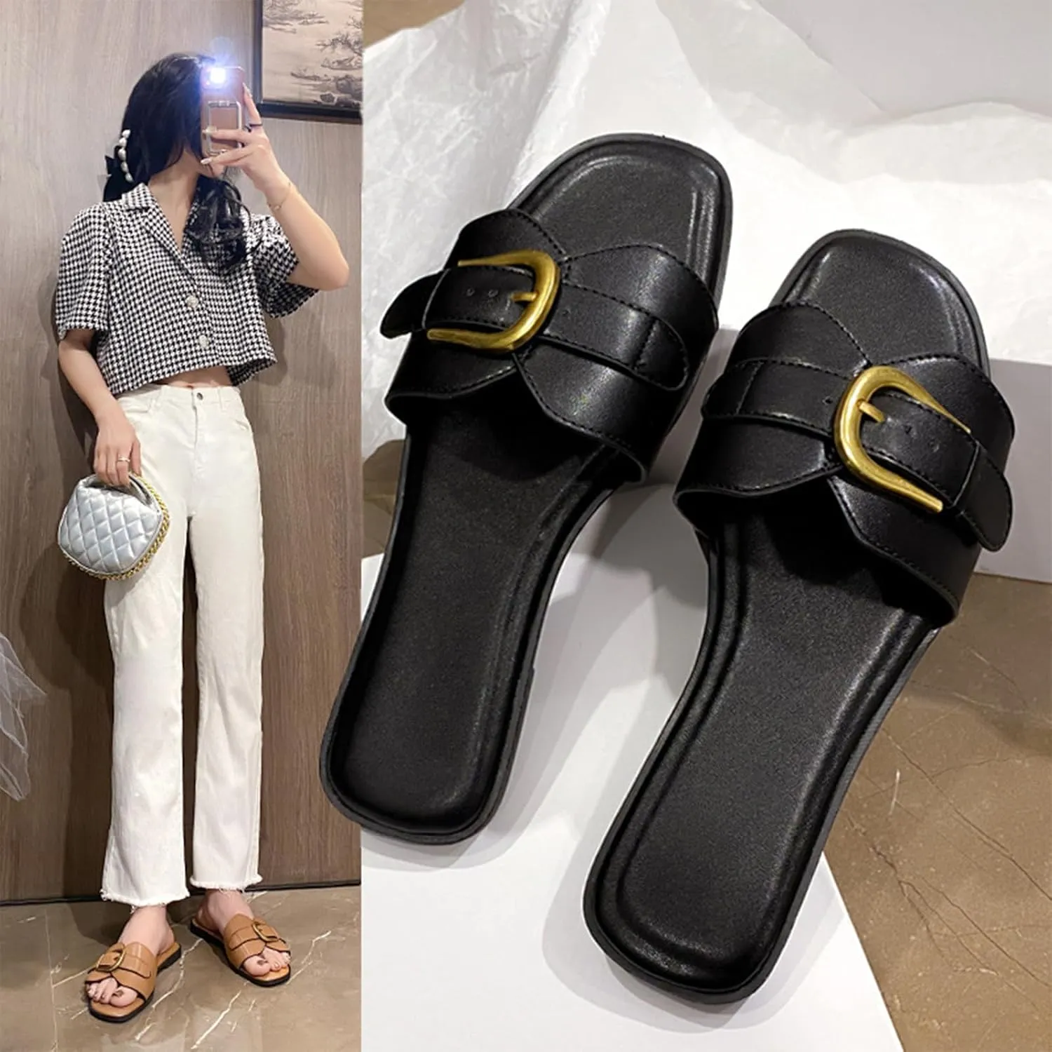 Women's Leather Metal Buckle Strap One Stirrup Flat Sandals Fashion Square Toe with Soft Leather Slippers for Summe Everyday Casual Dressy Sandals