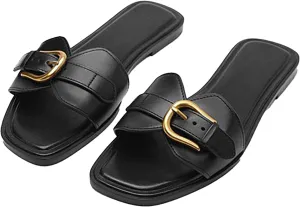 Women's Leather Metal Buckle Strap One Stirrup Flat Sandals Fashion Square Toe with Soft Leather Slippers for Summe Everyday Casual Dressy Sandals