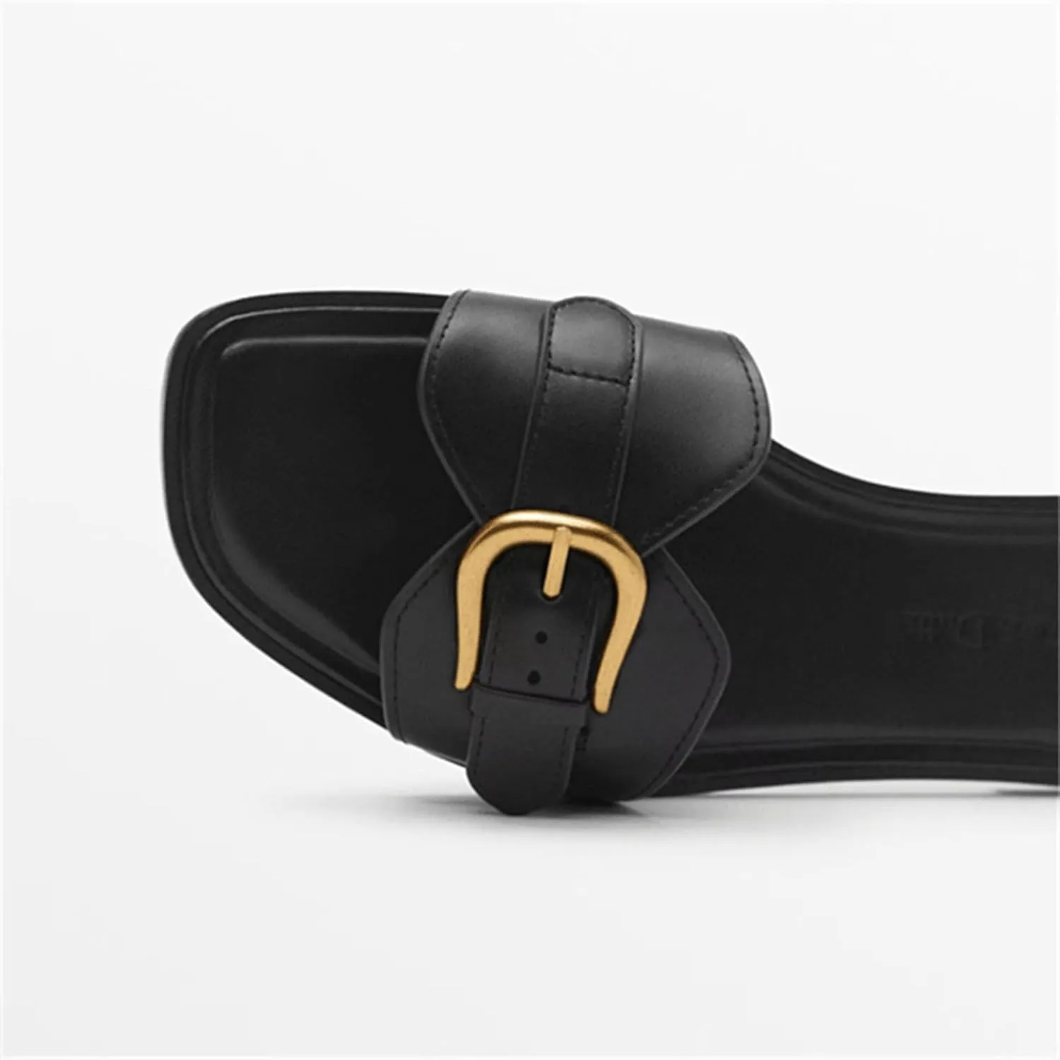 Women's Leather Metal Buckle Strap One Stirrup Flat Sandals Fashion Square Toe with Soft Leather Slippers for Summe Everyday Casual Dressy Sandals
