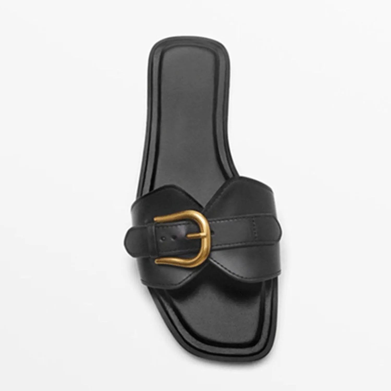 Women's Leather Metal Buckle Strap One Stirrup Flat Sandals Fashion Square Toe with Soft Leather Slippers for Summe Everyday Casual Dressy Sandals