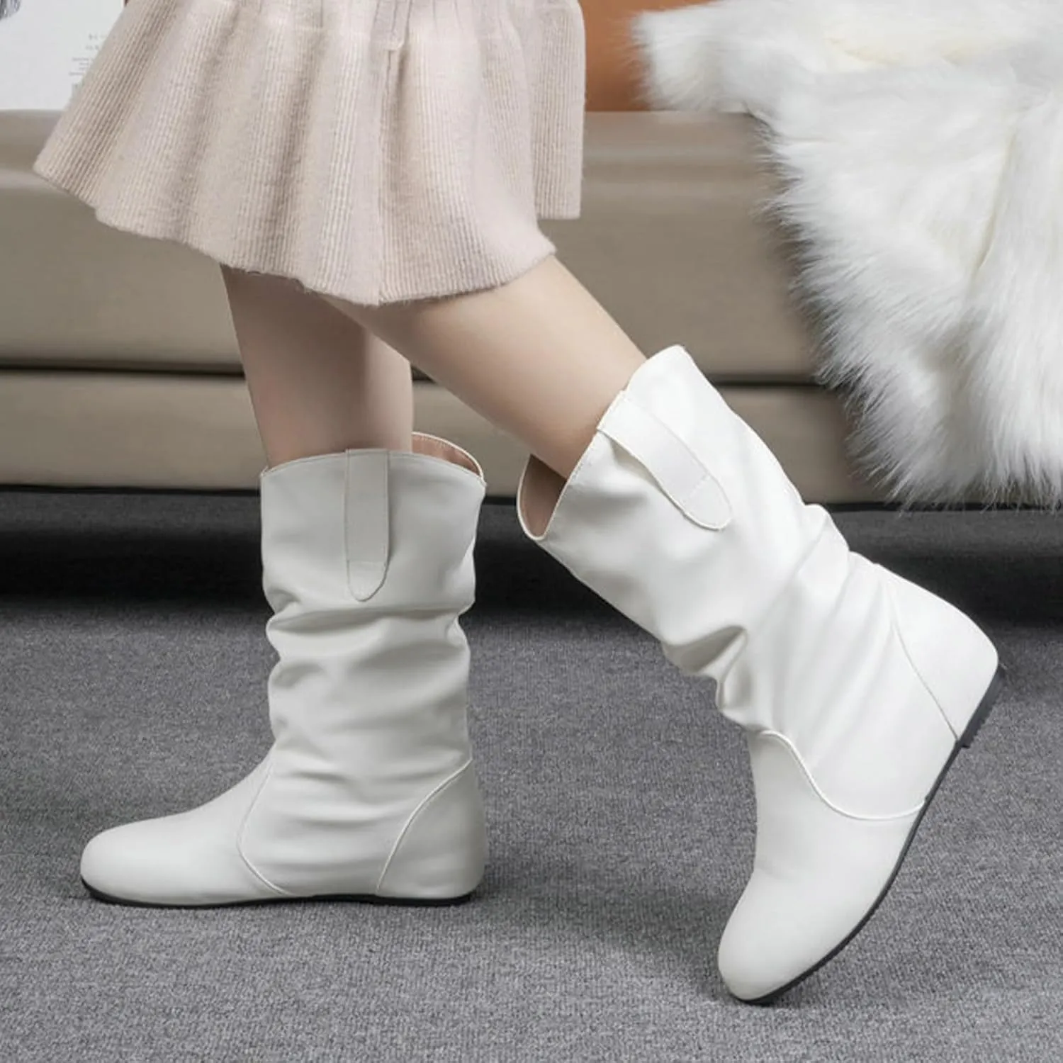 Women's Low Heel Mid Calf Boots Fashion Round Toe Wide Calf Boots Slip On Casual Flat Boots Comfortable Dress Boots (White,12)