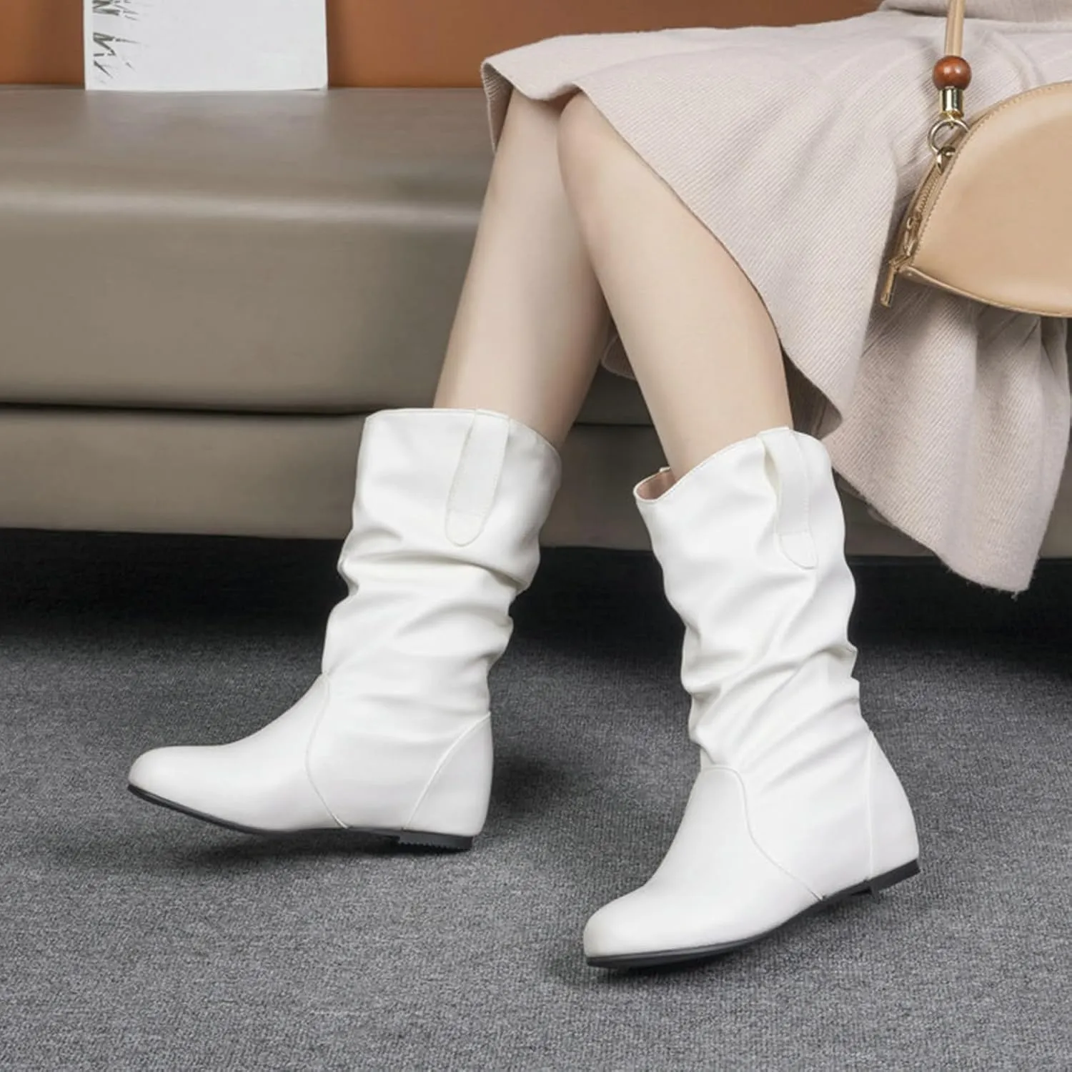Women's Low Heel Mid Calf Boots Fashion Round Toe Wide Calf Boots Slip On Casual Flat Boots Comfortable Dress Boots (White,12)