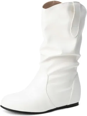 Women's Low Heel Mid Calf Boots Fashion Round Toe Wide Calf Boots Slip On Casual Flat Boots Comfortable Dress Boots (White,12)