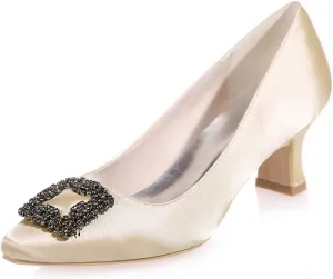 Womens Low Mid Square Heel Rhinstone Pointed Toe Satin Wedding Sandal Bridal Office Ladies Dress Pumps Shoes