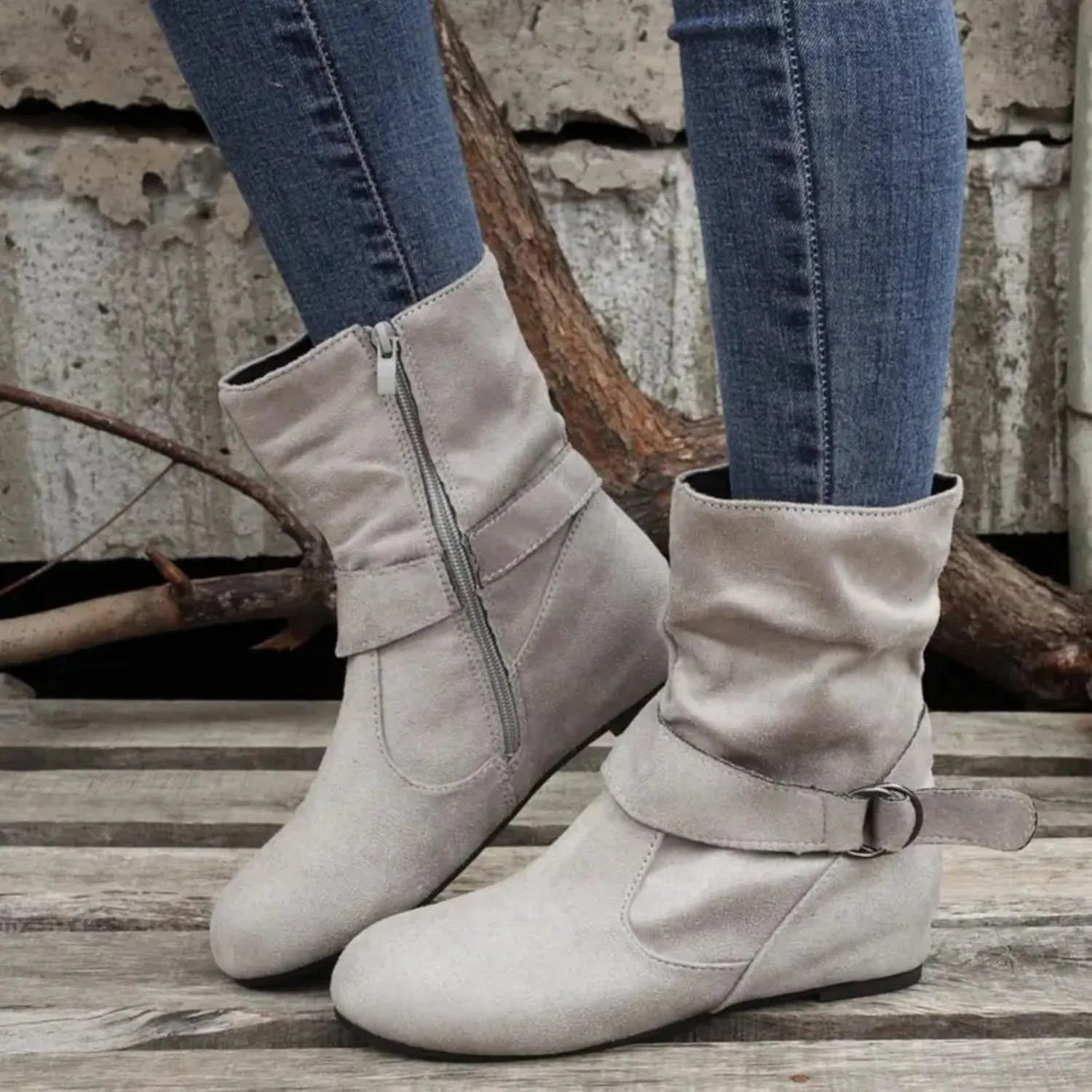 Women's Mid Calf Boots Fashion Slouchy Ruched Suede Round Toe Slip On Flats Ankle Booties Casual Winter Grey
