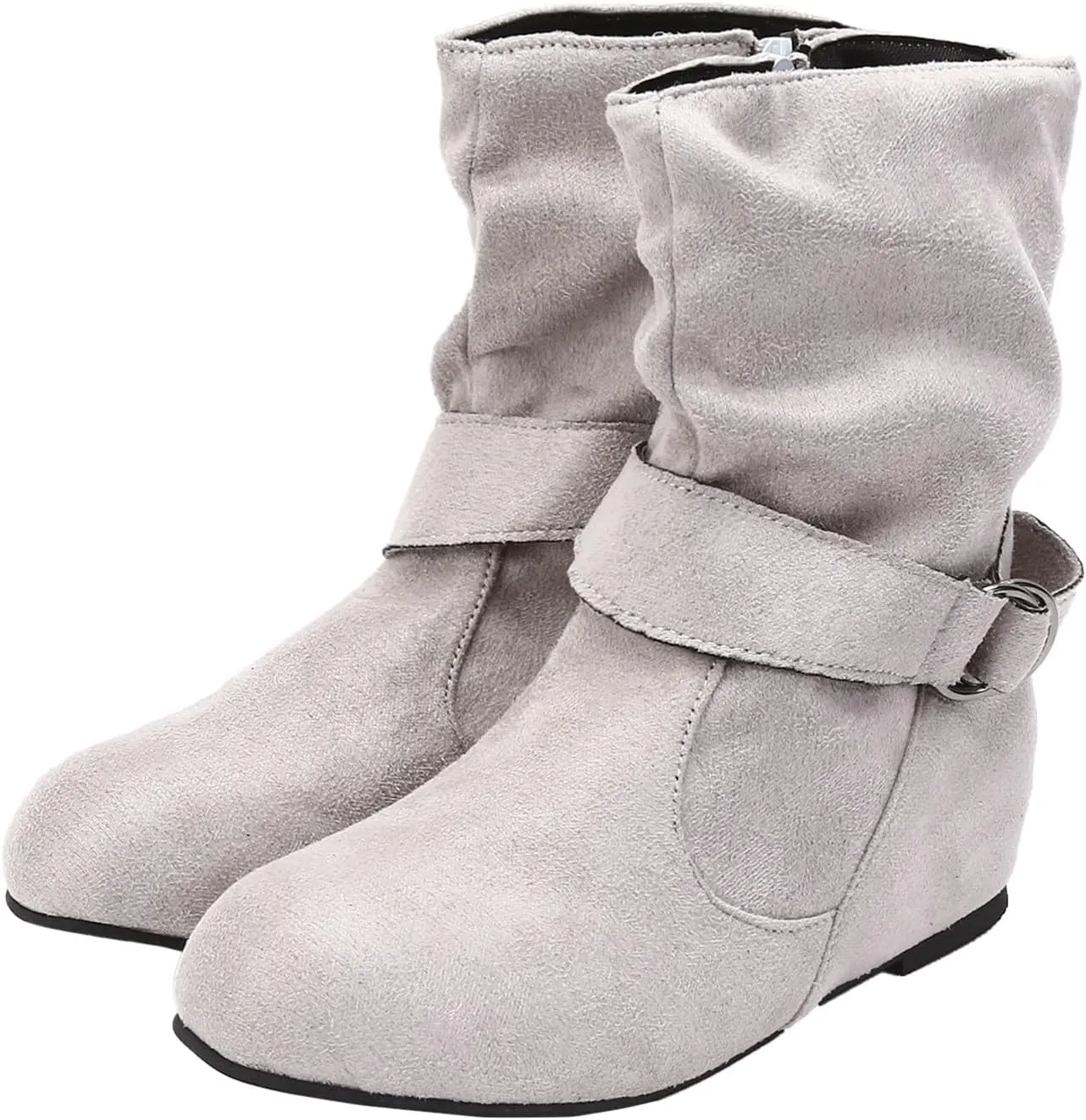 Women's Mid Calf Boots Fashion Slouchy Ruched Suede Round Toe Slip On Flats Ankle Booties Casual Winter Grey