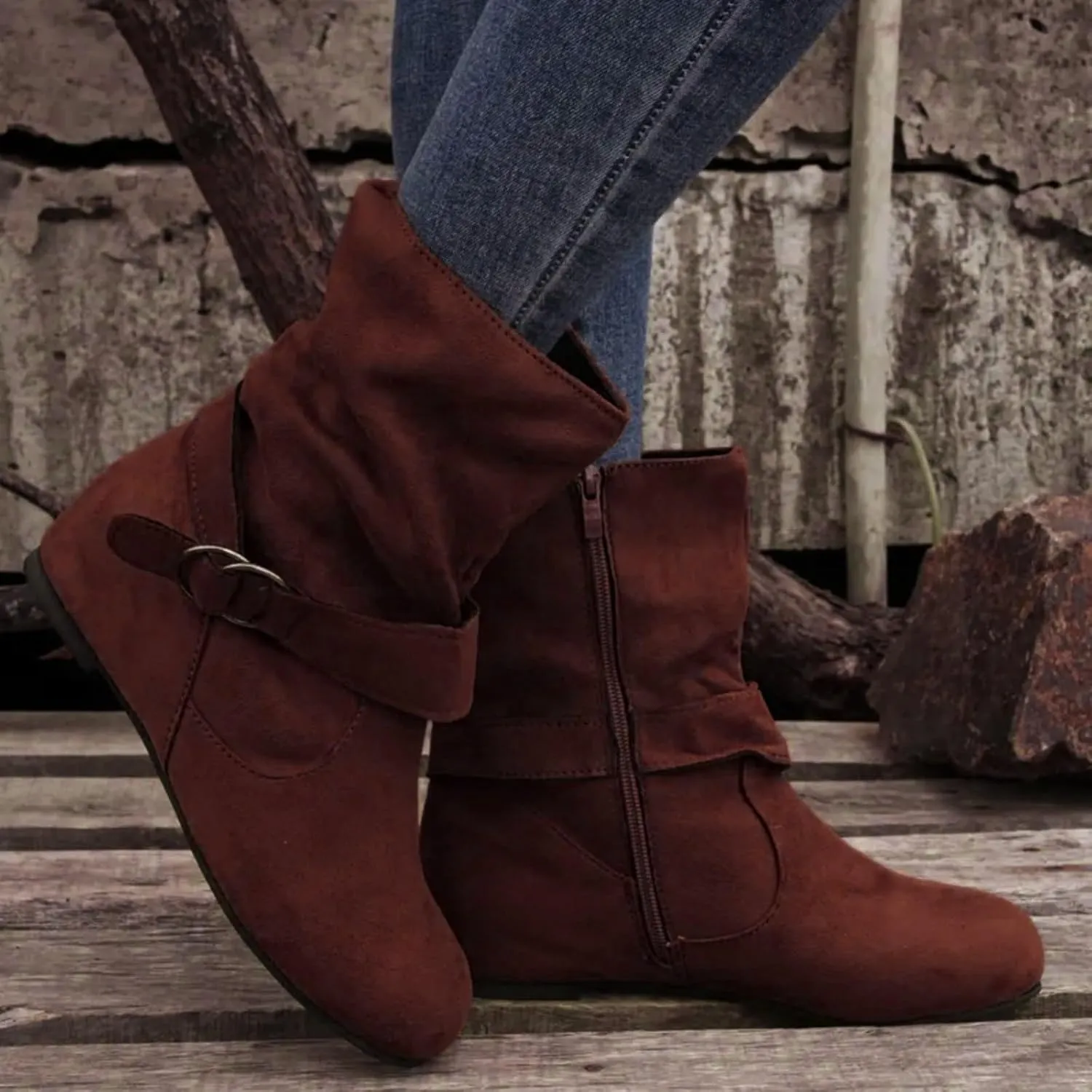 Women's Mid Calf Boots Fashion Slouchy Ruched Suede Round Toe Slip On Flats Ankle Booties Casual Winter Grey