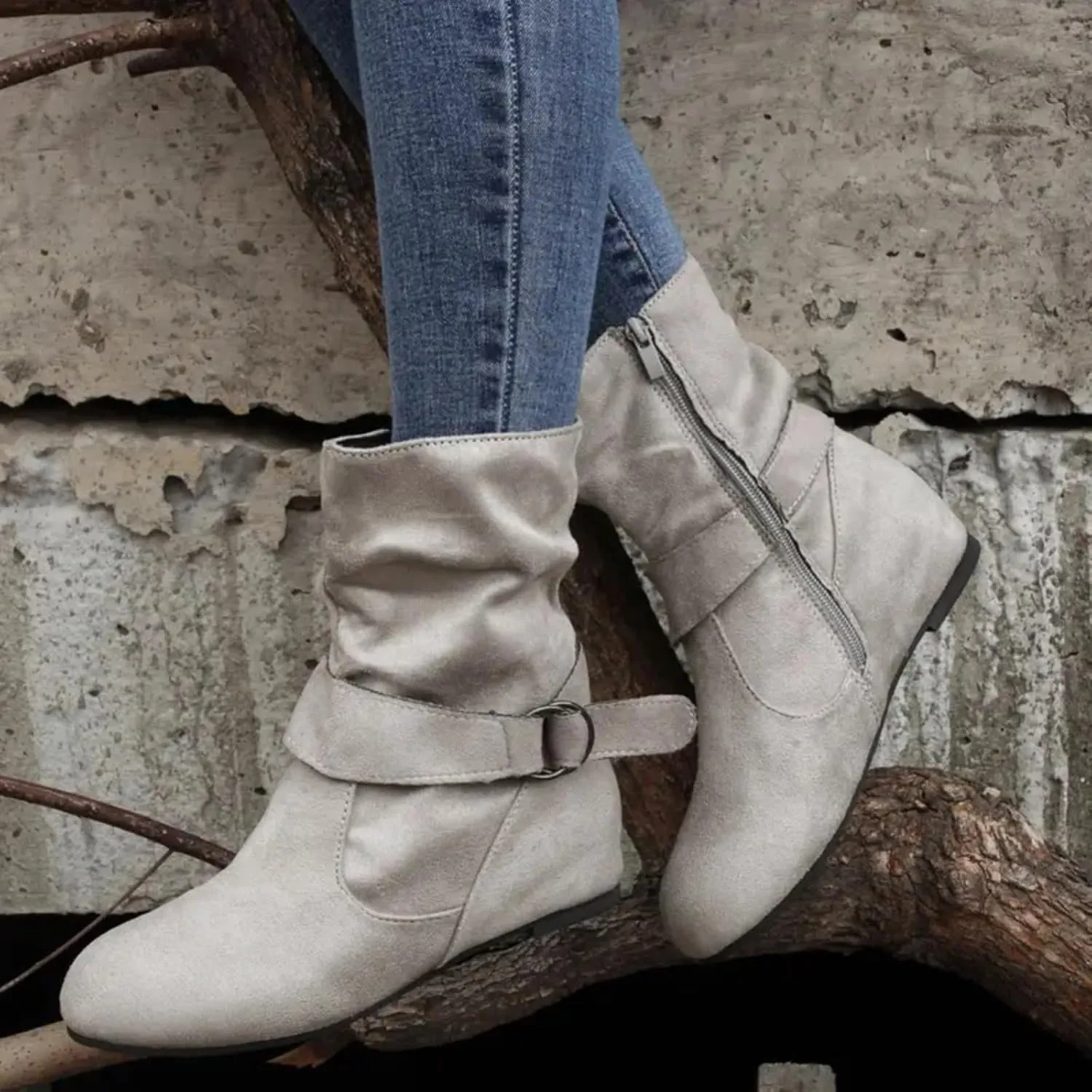 Women's Mid Calf Boots Fashion Slouchy Ruched Suede Round Toe Slip On Flats Ankle Booties Casual Winter Grey