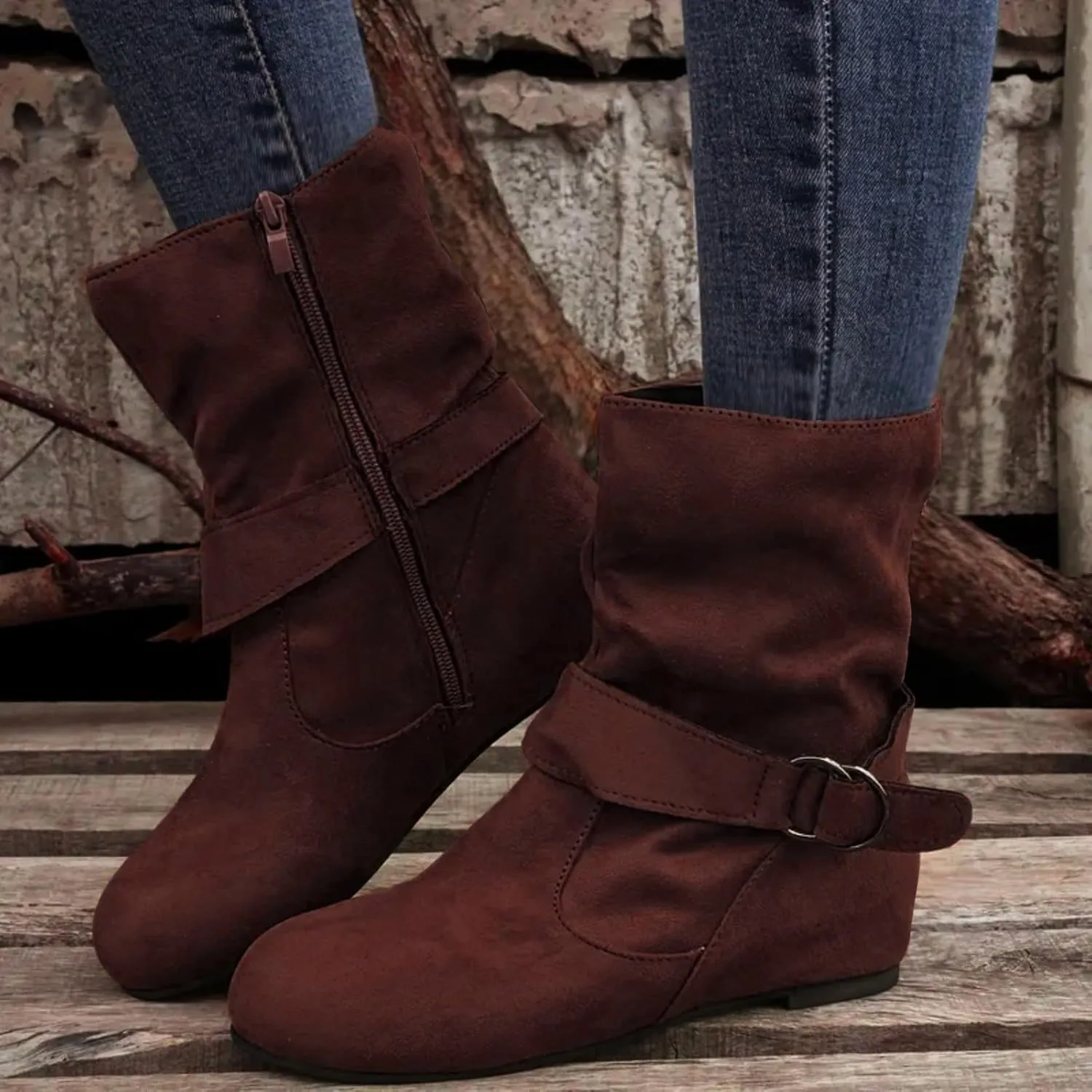 Women's Mid Calf Boots Fashion Slouchy Ruched Suede Round Toe Slip On Flats Ankle Booties Casual Winter Grey