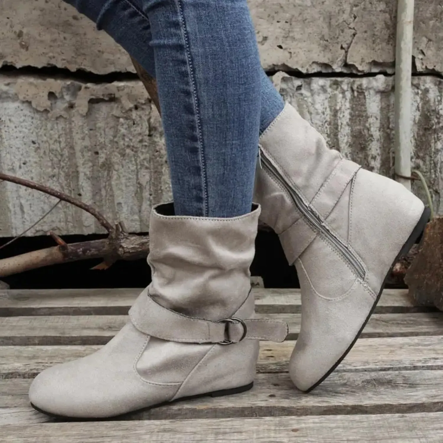 Women's Mid Calf Boots Fashion Slouchy Ruched Suede Round Toe Slip On Flats Ankle Booties Casual Winter Grey
