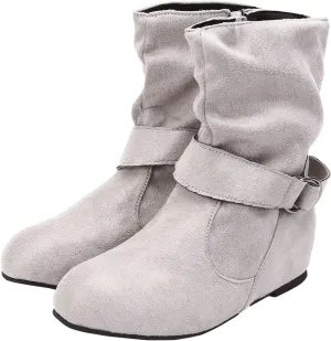 Women's Mid Calf Boots Fashion Slouchy Ruched Suede Round Toe Slip On Flats Ankle Booties Casual Winter Grey