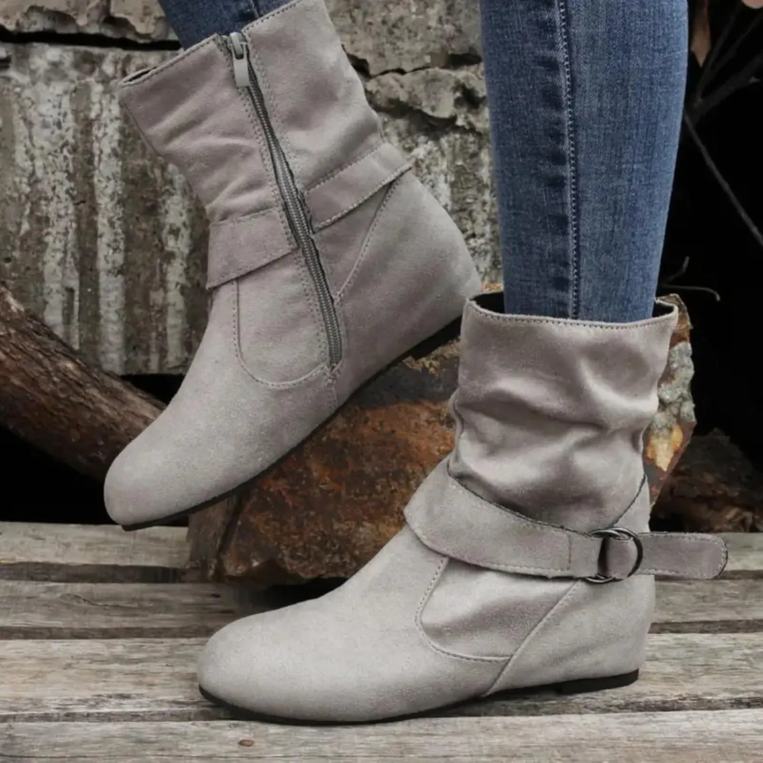 Women's Mid Calf Boots Fashion Slouchy Ruched Suede Round Toe Slip On Flats Ankle Booties Casual Winter Grey
