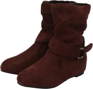 Women's Mid Calf Boots Fashion Slouchy Ruched Suede Round Toe Slip On Flats Ankle Booties Casual Winter Grey