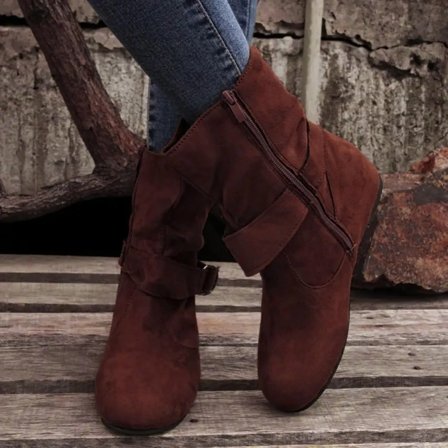 Women's Mid Calf Boots Fashion Slouchy Ruched Suede Round Toe Slip On Flats Ankle Booties Casual Winter Grey
