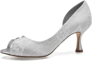 Women's Mid Heel Dress Pumps Peep Toe Wedding Party Shoes Slip on Bridal Shoes Lace Rhinestone Court Shoes