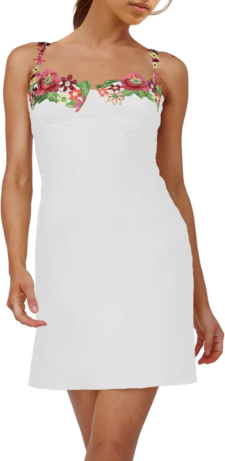 Women’s Mini Dress Florals Embroidered Sweetheart Neck Adjustable Straps Slim Fit Going Out Club Party Mini Short Dress